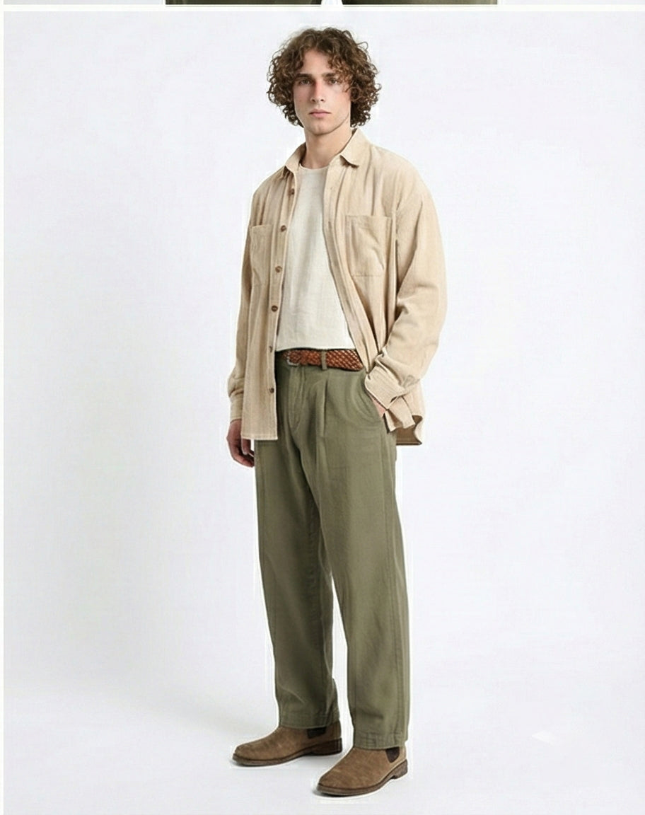 R214899 - Casual Long Sleeve Ribbed Shirt - Beige