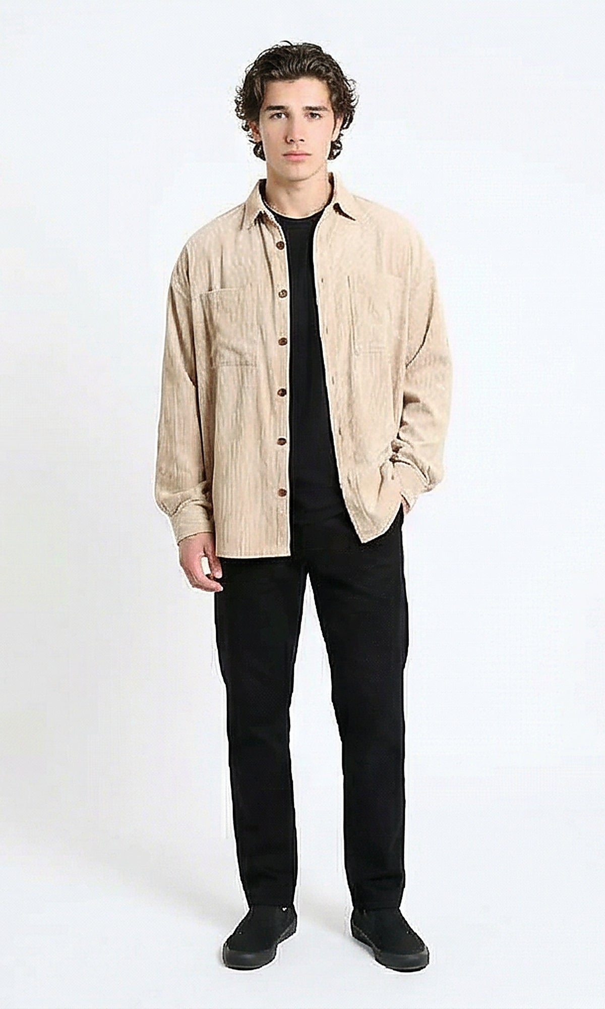 R214899 - Casual Long Sleeve Ribbed Shirt - Beige