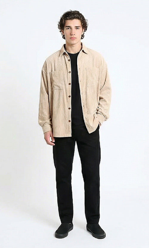 R214899 - Casual Long Sleeve Ribbed Shirt - Beige