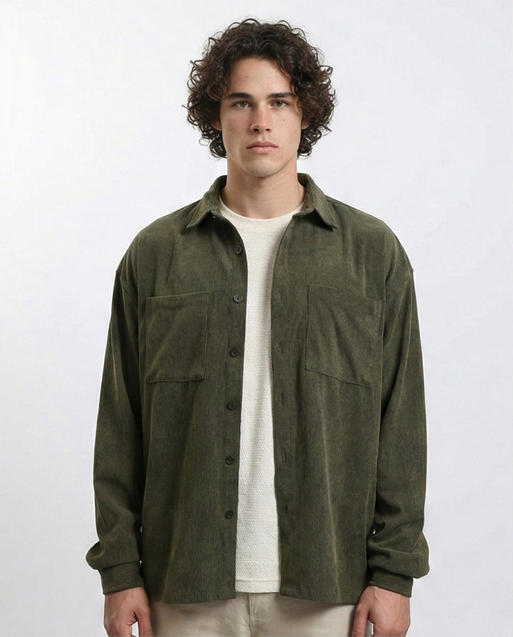 Long Sleeve Casual Corduroy Winter Shirt - Dark Khaki