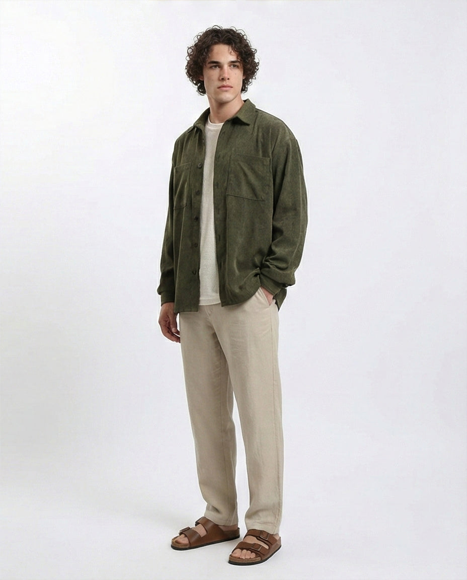 R214900 - قميص شتوي من قماش الكوردروي بأكمام طويلة - كاكي داكن