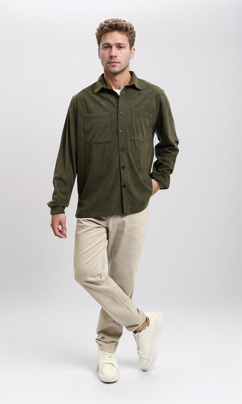 R214900 - Long Sleeve Casual Corduroy Winter Shirt - Dark Khaki