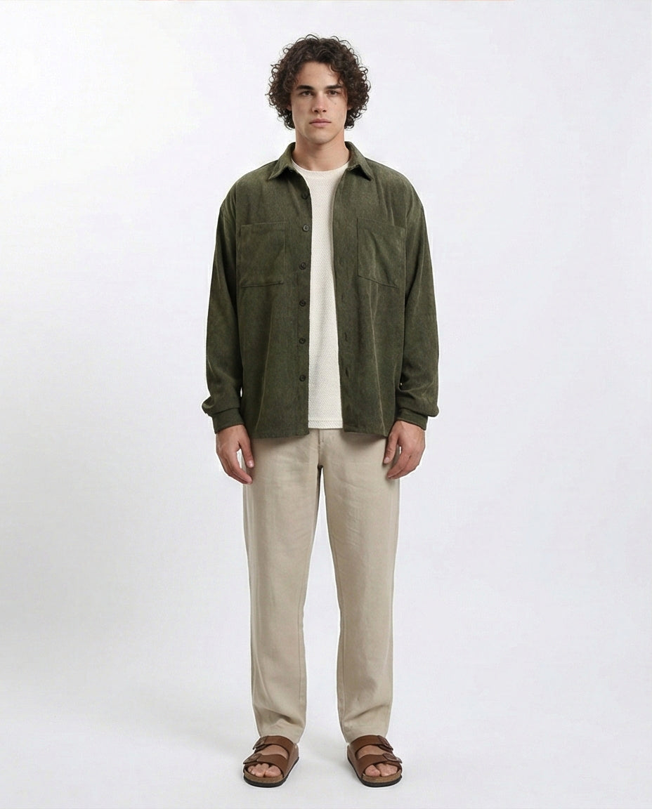 R214900 - قميص شتوي من قماش الكوردروي بأكمام طويلة - كاكي داكن