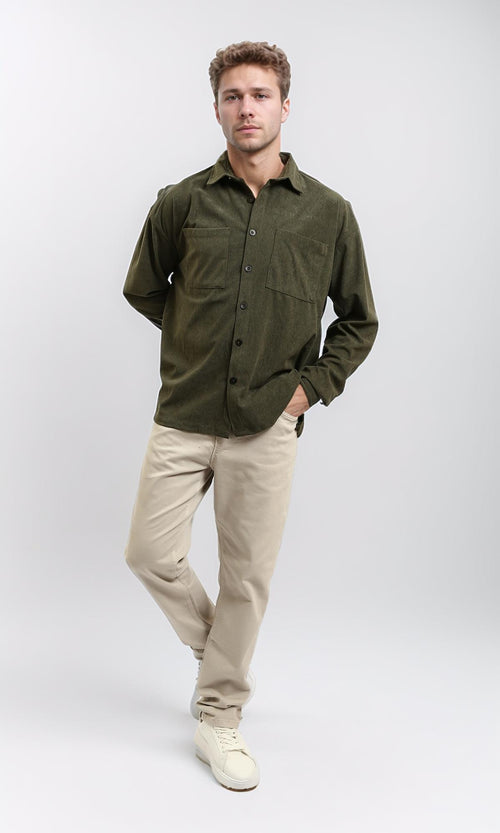 R214900 - Long Sleeve Casual Corduroy Winter Shirt - Dark Khaki