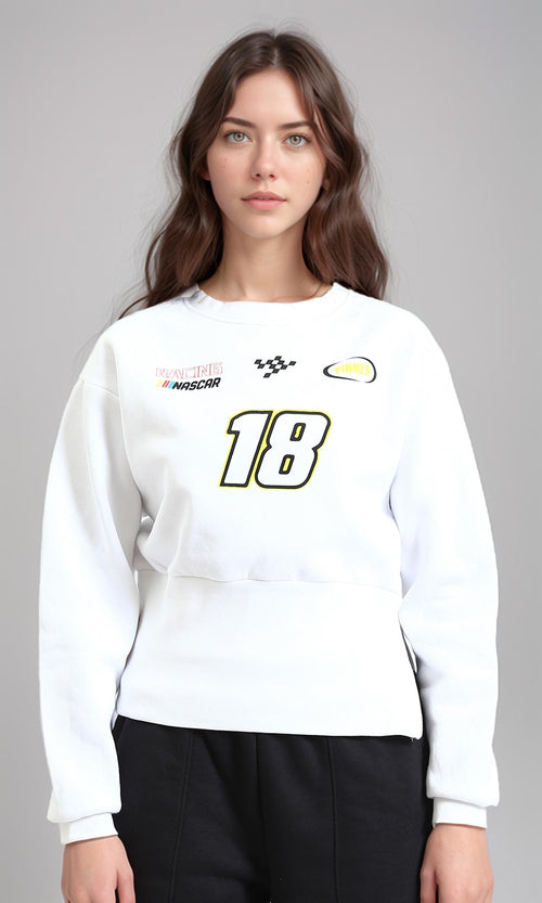 R214910 - Crew Neck Printed Corset Sweatshirt - White
