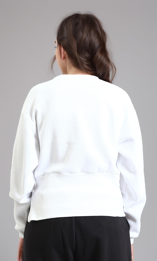 R214910 - Crew Neck Printed Corset Sweatshirt - White
