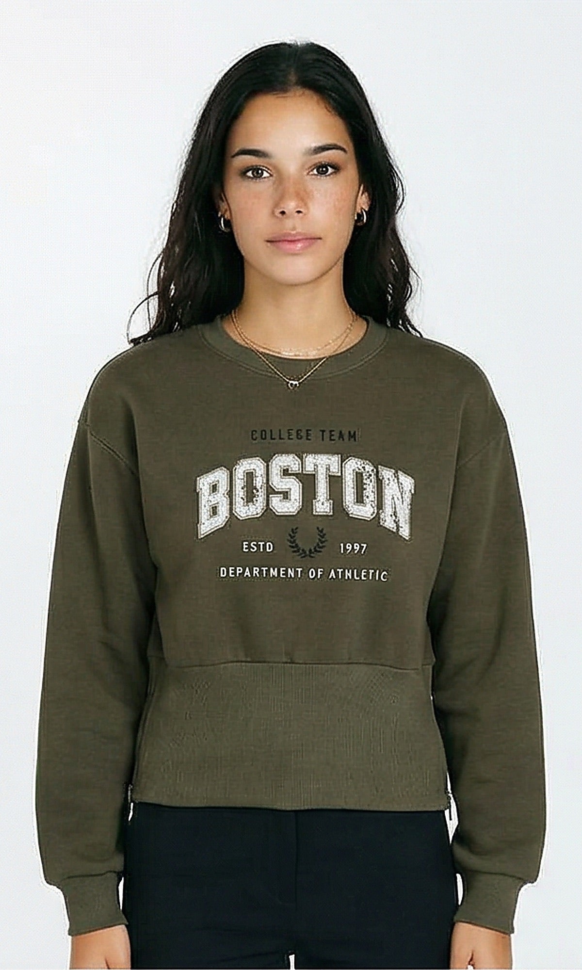 Crew Neck Printed Sweatshirt with Corset Waist - Dark Khaki