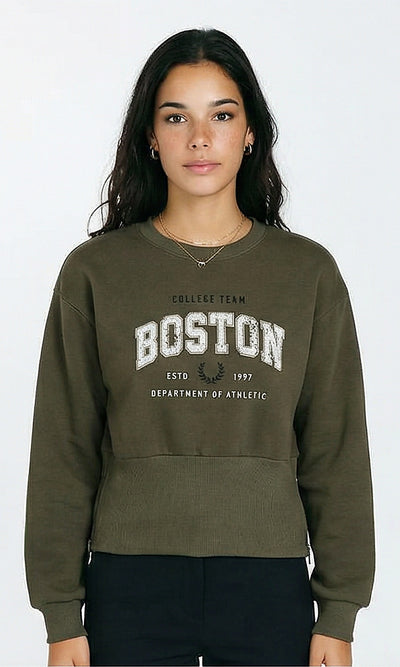 Crew Neck Printed Sweatshirt with Corset Waist - Dark Khaki
