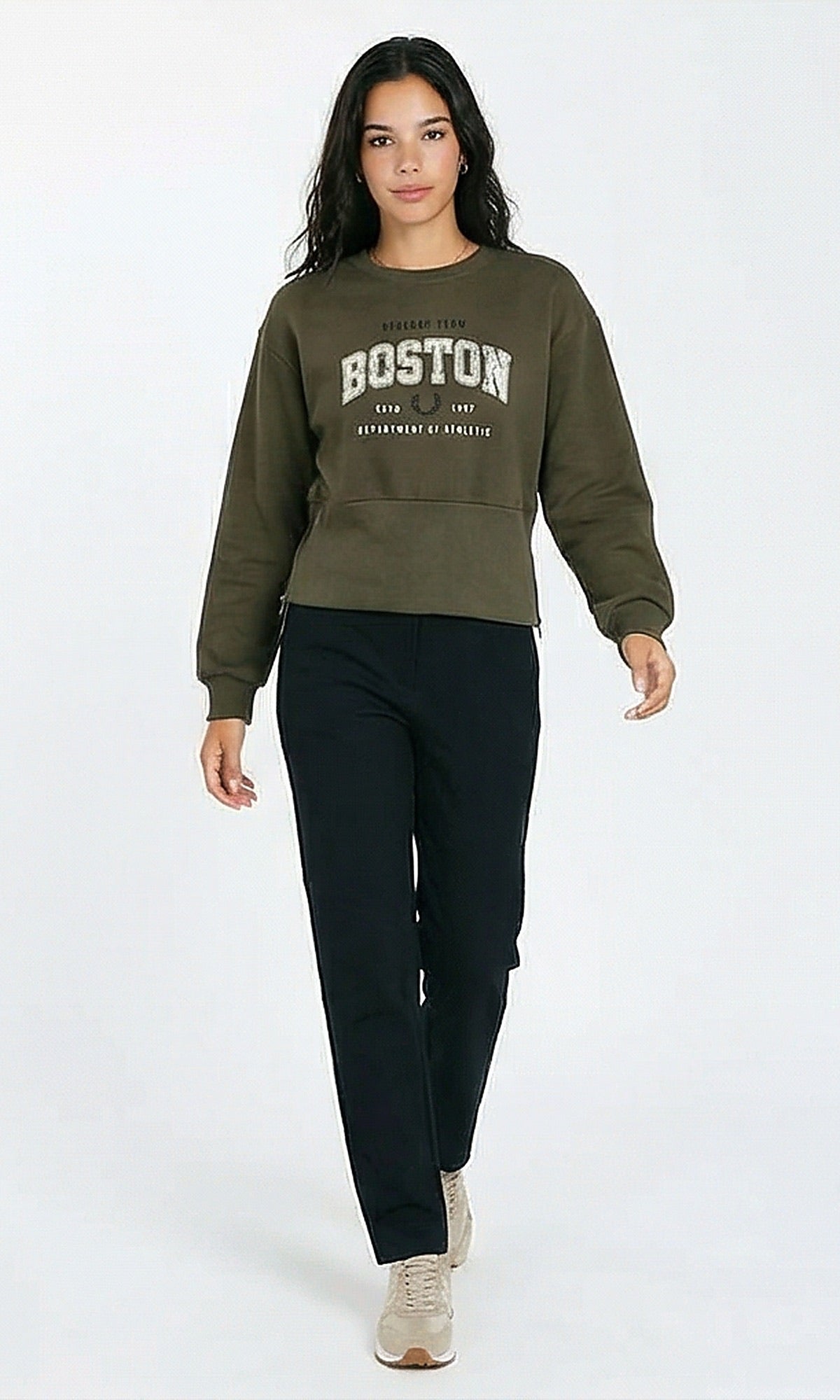 R214911 - Crew Neck Printed Sweatshirt with Corset Waist - Dark Khaki