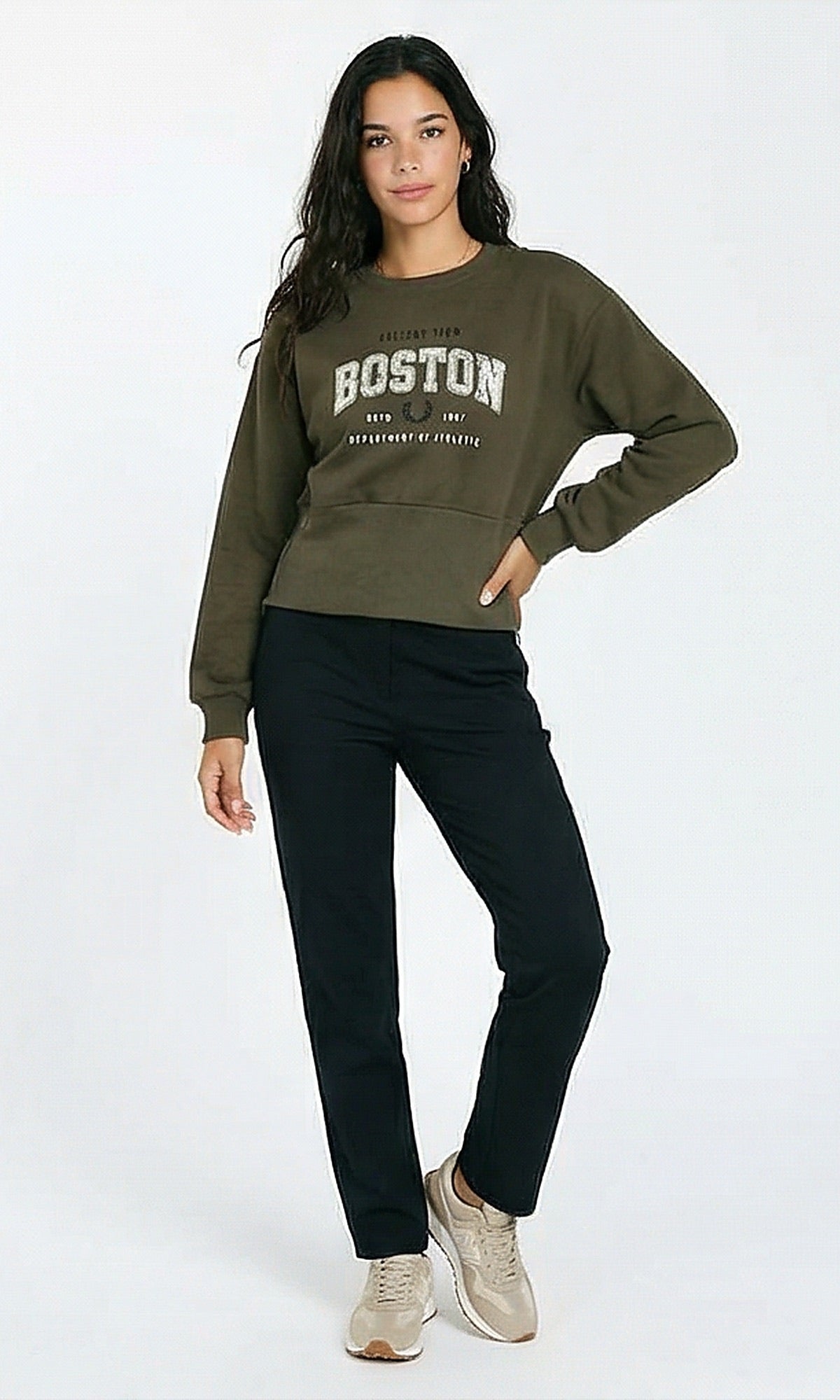 R214911 - Crew Neck Printed Sweatshirt with Corset Waist - Dark Khaki