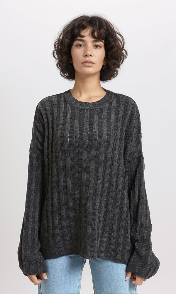 R214917 - Ribbed Knit Relaxed Fit Pullover - Dark Grey