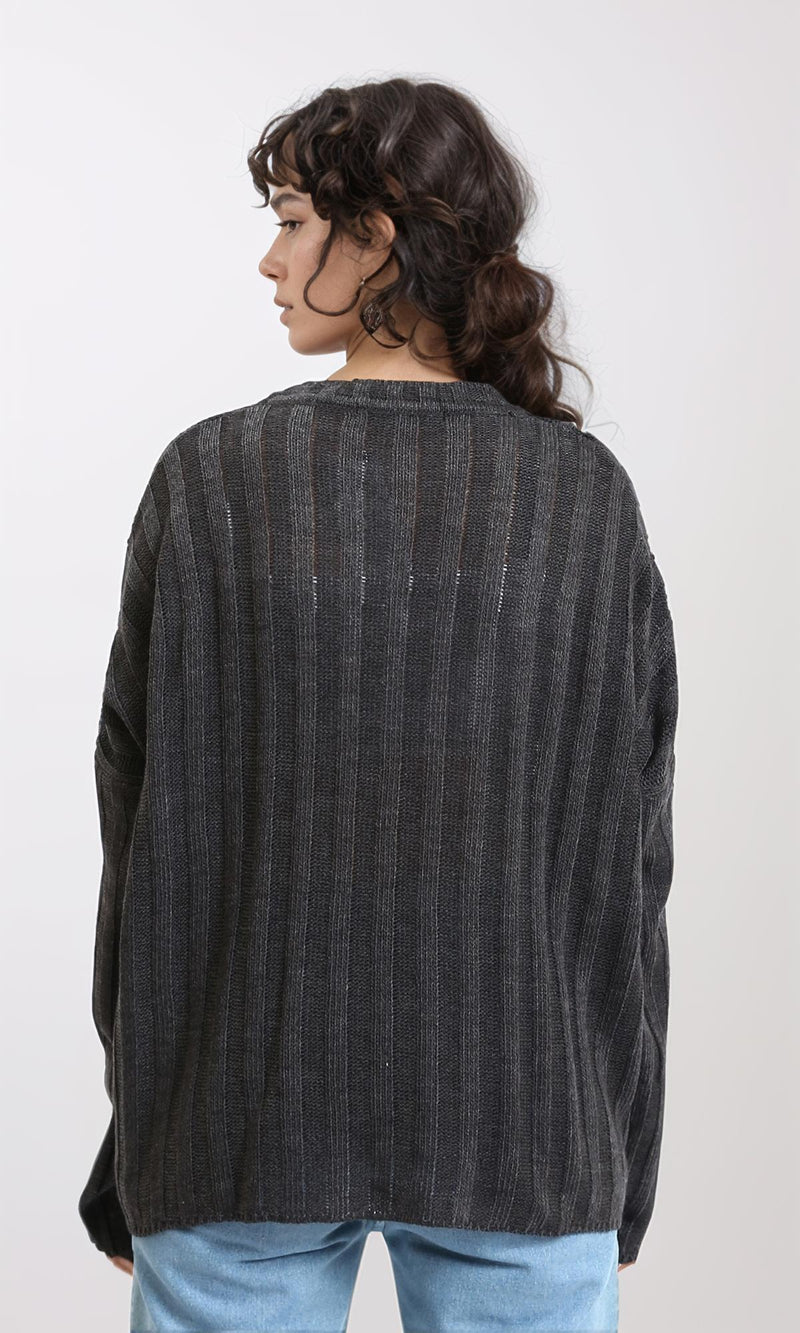 R214917 - Ribbed Knit Relaxed Fit Pullover - Dark Grey
