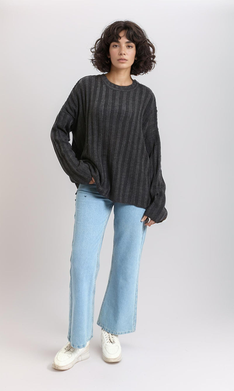 R214917 - Ribbed Knit Relaxed Fit Pullover - Dark Grey