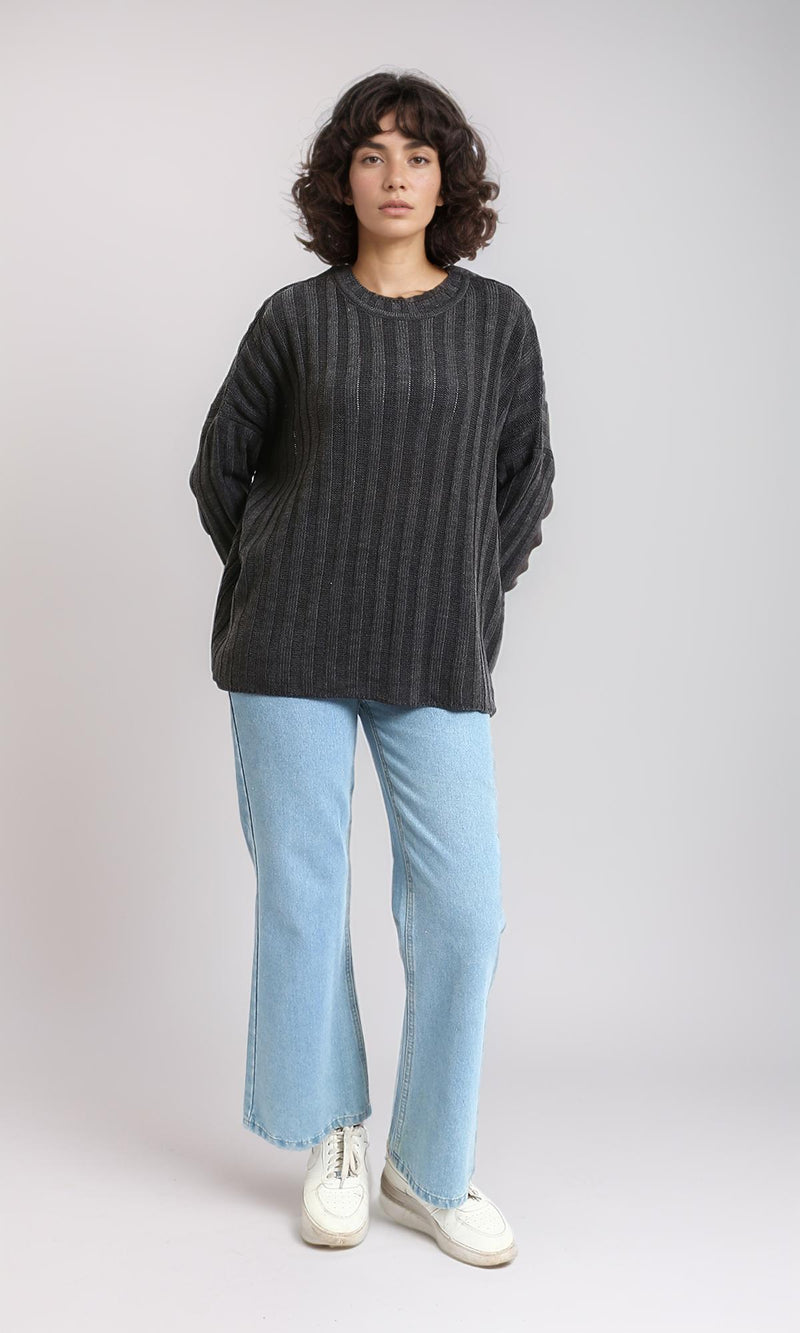 R214917 - Ribbed Knit Relaxed Fit Pullover - Dark Grey