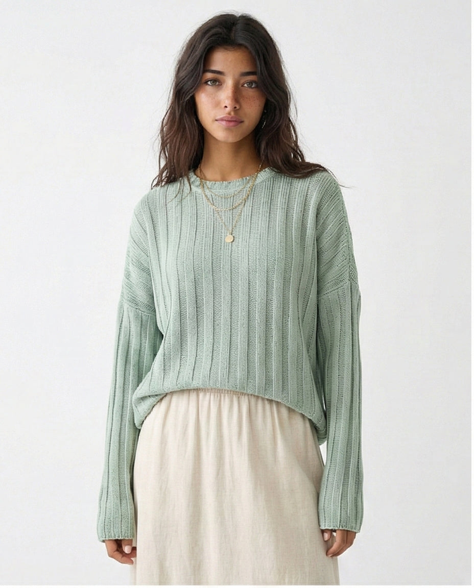 Ribbed Knit Relaxed Fit Pullover - Light Mint