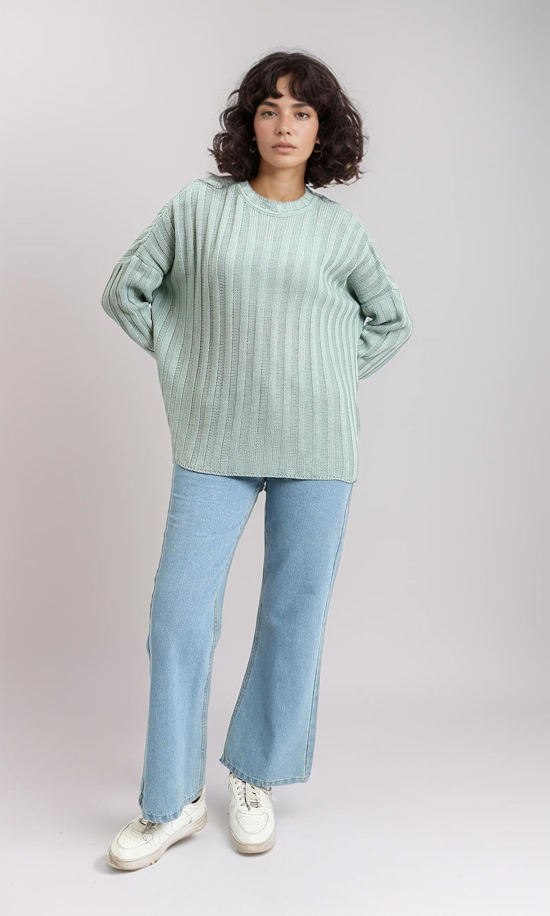 R214918 - Ribbed Knit Relaxed Fit Pullover - Light Mint