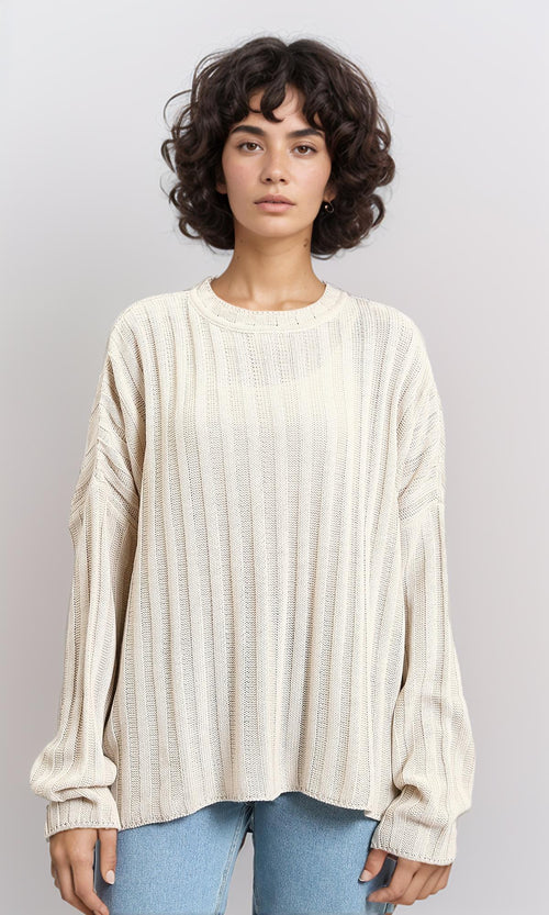R214919 - Ribbed Knit Relaxed Fit Pullover - Light Beige