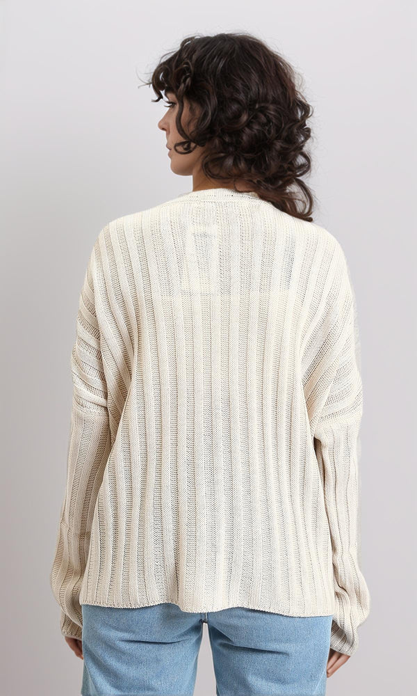 R214919 - Ribbed Knit Relaxed Fit Pullover - Light Beige