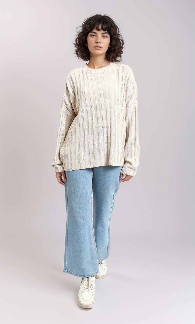 R214919 - Ribbed Knit Relaxed Fit Pullover - Light Beige
