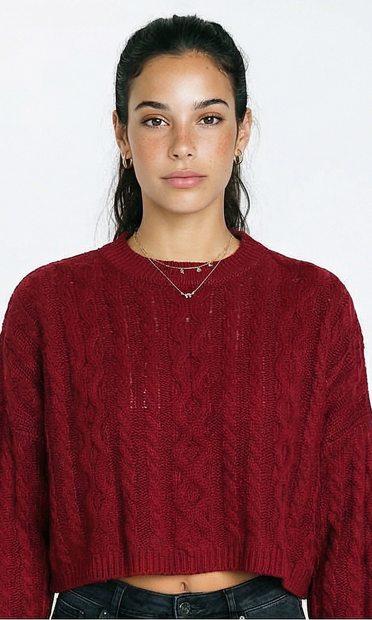 Perforated Knit Short Pullover - Dark Red