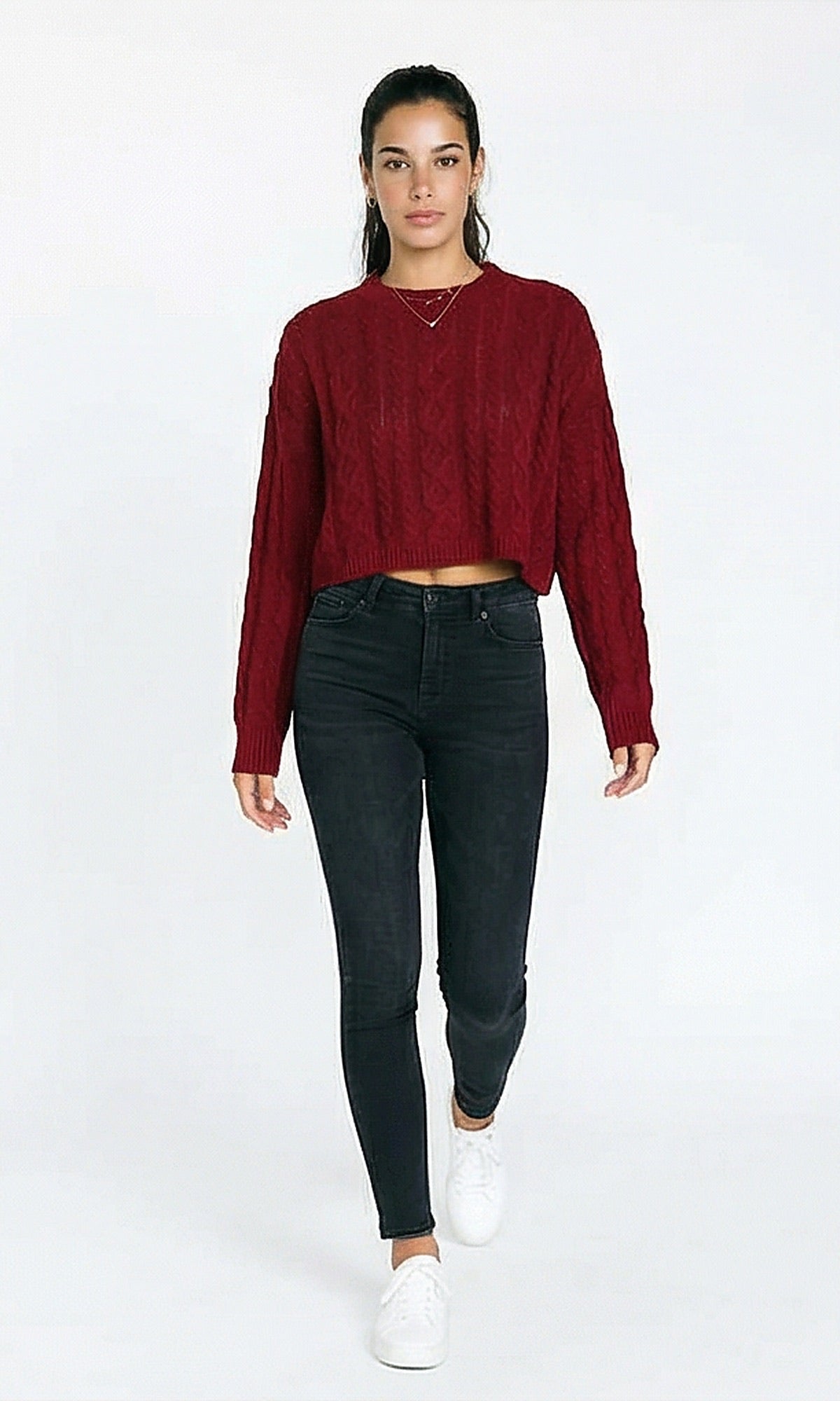 R214922 - Perforated Knit Short Pullover - Dark Red