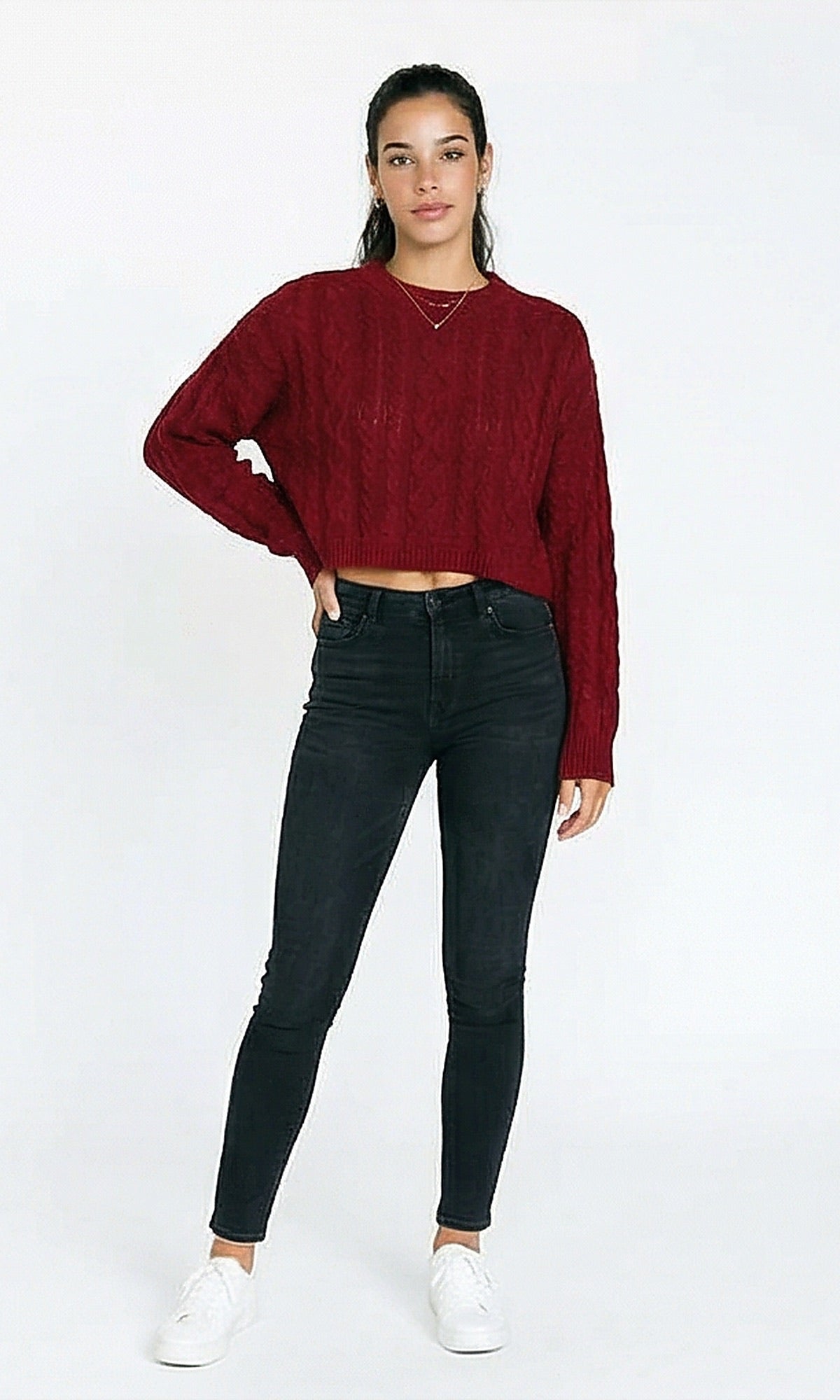 R214922 - Perforated Knit Short Pullover - Dark Red