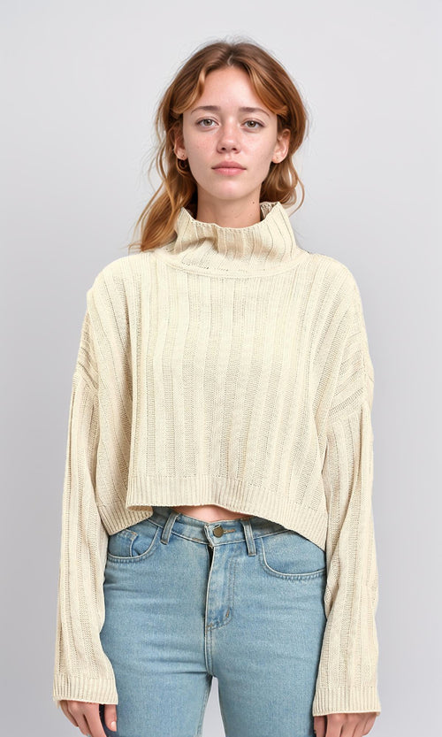 R214923 - High-Neck Long Sleeve Ribbed Pullover - Cream
