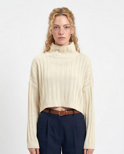 Women's Ribbed Mock-Neck Cropped Sweater - Cream