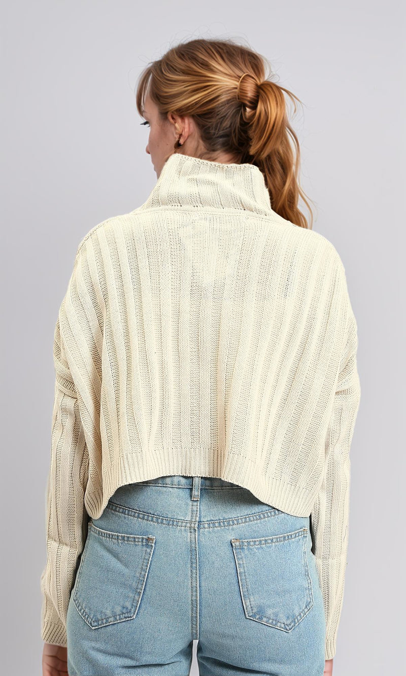 R214923 - High-Neck Long Sleeve Ribbed Pullover - Cream