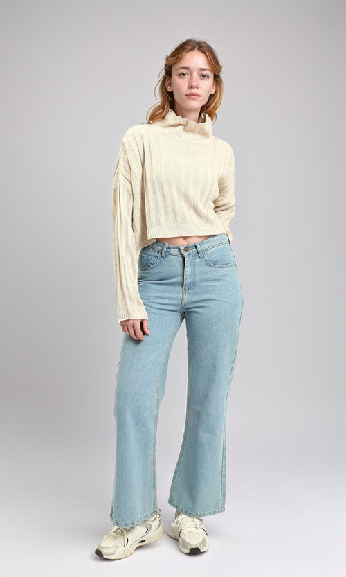 R214923 - High-Neck Long Sleeve Ribbed Pullover - Cream