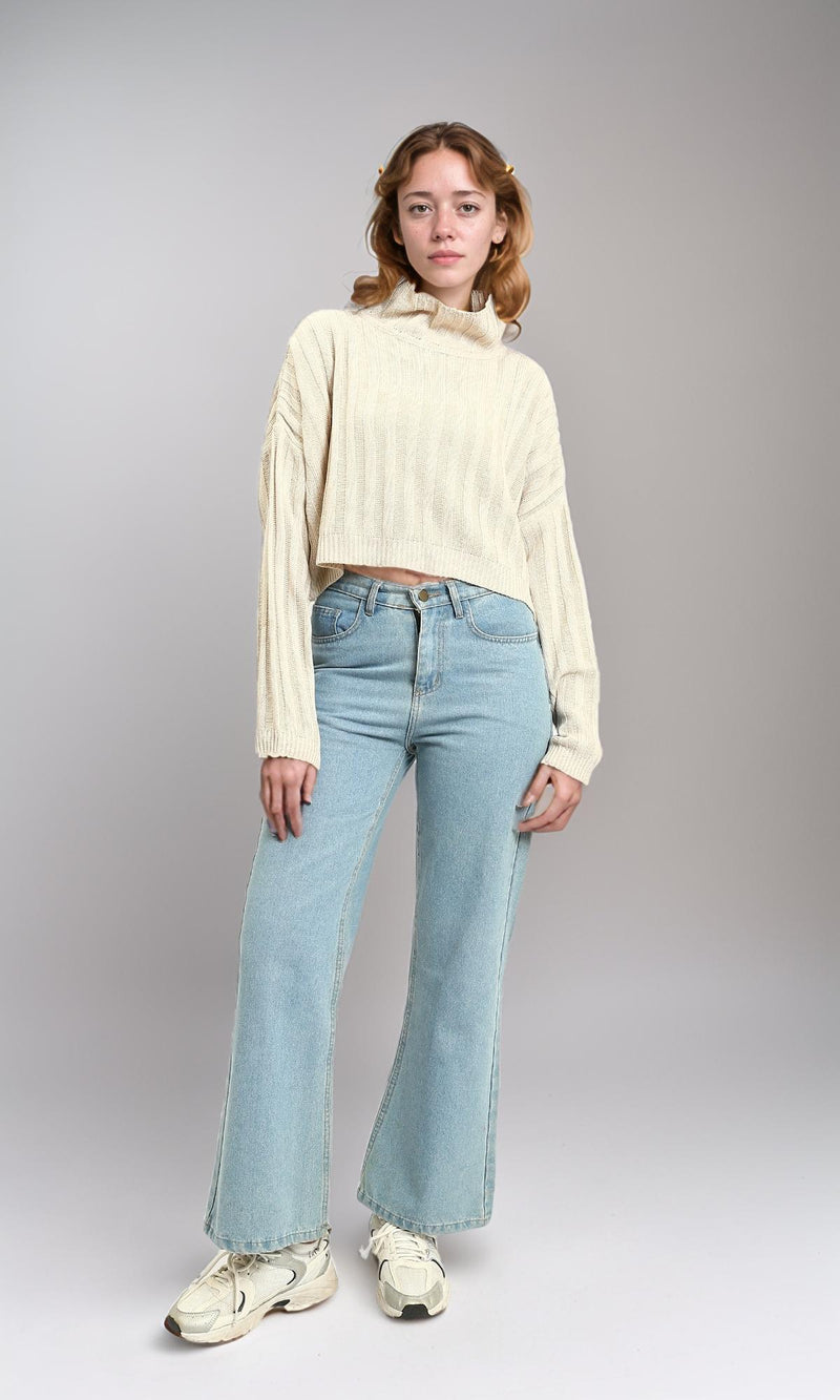 R214923 - High-Neck Long Sleeve Ribbed Pullover - Cream