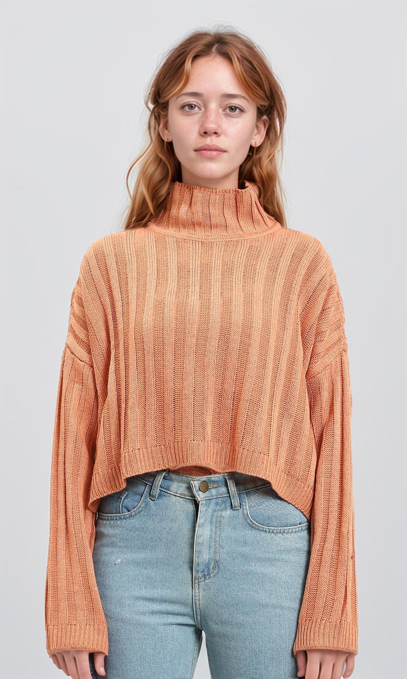 R214924 - High-Neck Long Sleeve Ribbed Pullover - Coral