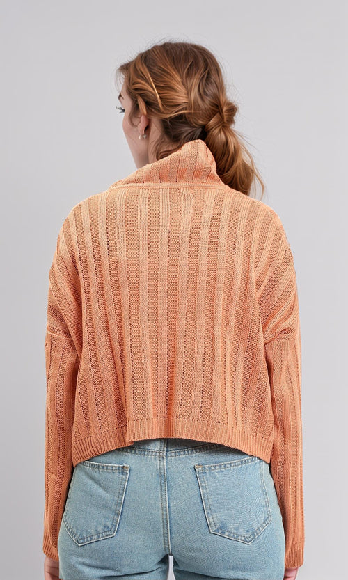 R214924 - High-Neck Long Sleeve Ribbed Pullover - Coral