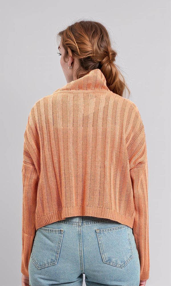 R214924 - High-Neck Long Sleeve Ribbed Pullover - Coral