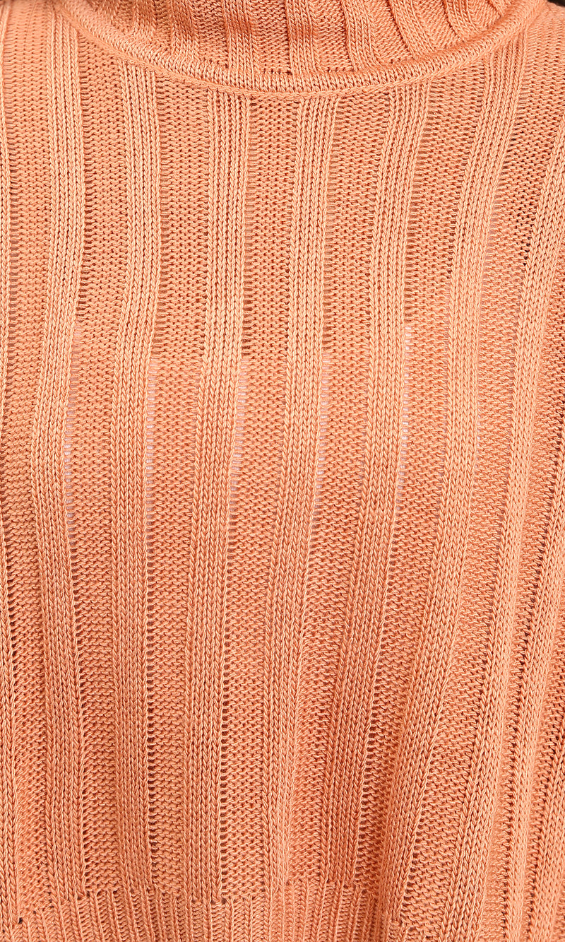 R214924 - High-Neck Long Sleeve Ribbed Pullover - Coral