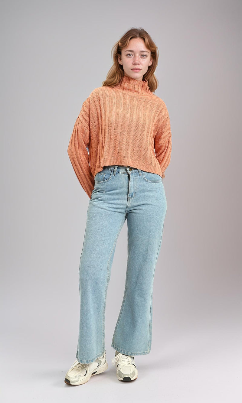 R214924 - High-Neck Long Sleeve Ribbed Pullover - Coral