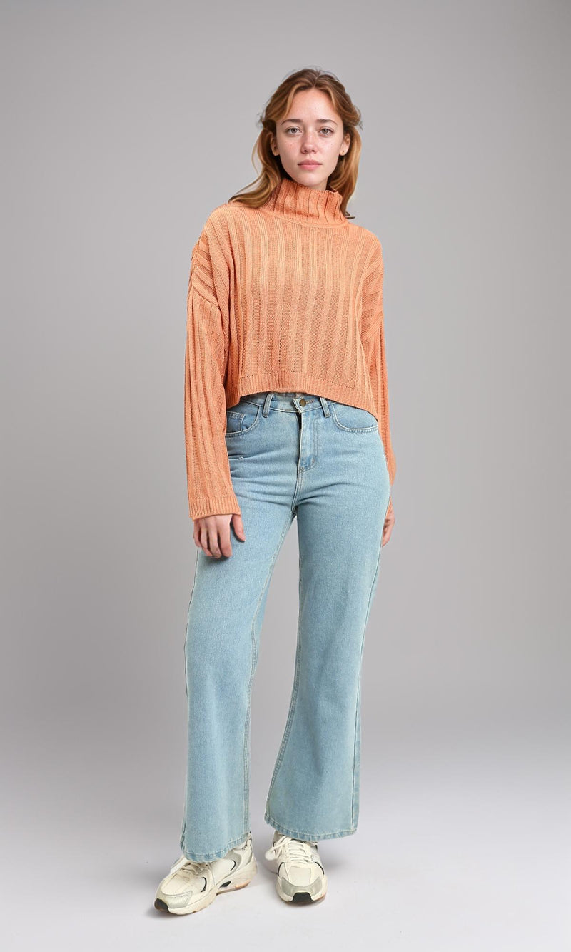 R214924 - High-Neck Long Sleeve Ribbed Pullover - Coral