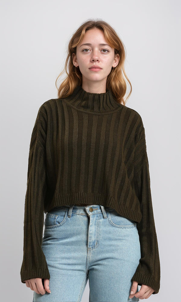 R214925 - High-Neck Long Sleeve Ribbed Pullover - Dark Army