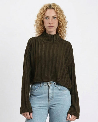 Olive Ribbed Mock-Neck Cropped Sweater