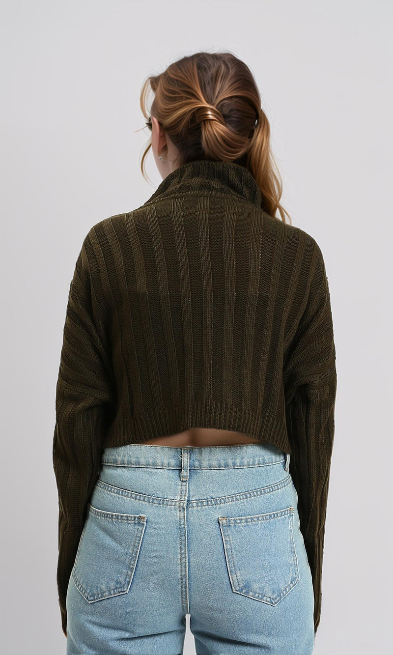 R214925 - High-Neck Long Sleeve Ribbed Pullover - Dark Army