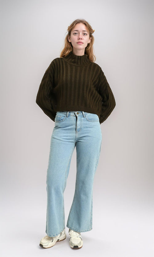 R214925 - High-Neck Long Sleeve Ribbed Pullover - Dark Army