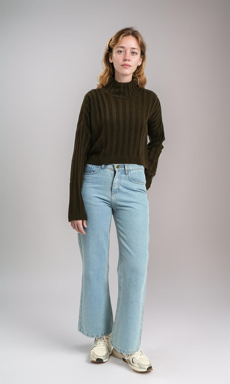 R214925 - High-Neck Long Sleeve Ribbed Pullover - Dark Army