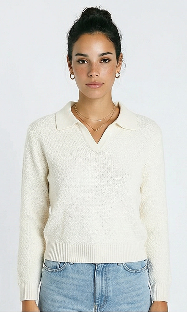 Knitted Polo Pullover with Classic Collar - Off-White