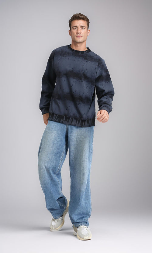 R214928 - Round Neck Patterned Sweatshirt - Black