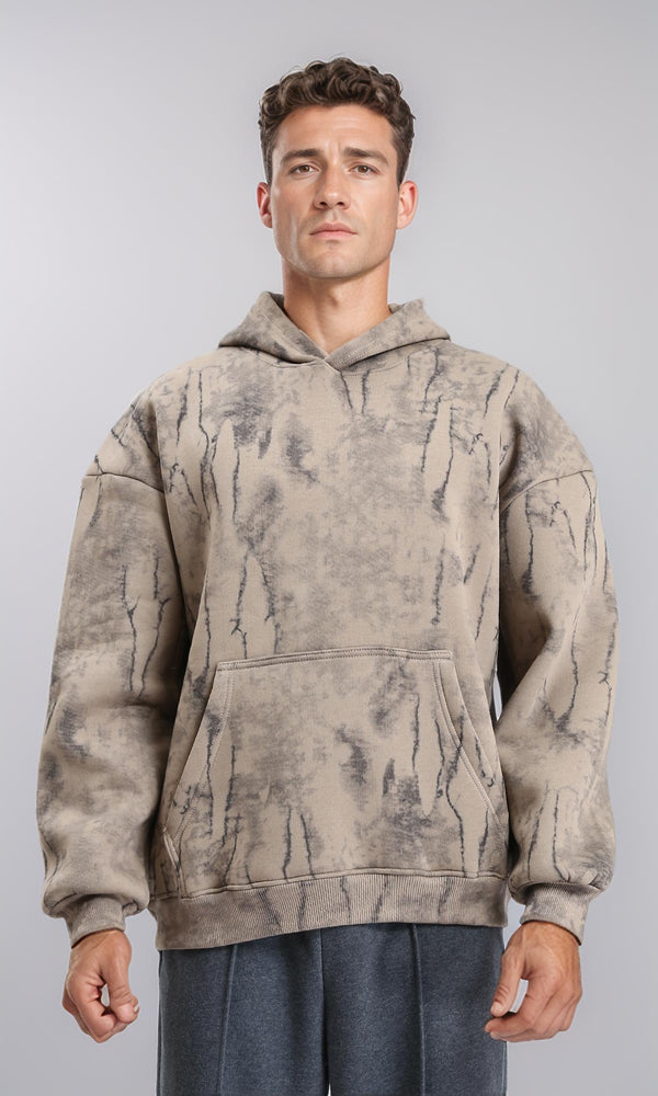 R214931 - Hooded Neck Casual Patterned Hoodie - Beige & Black