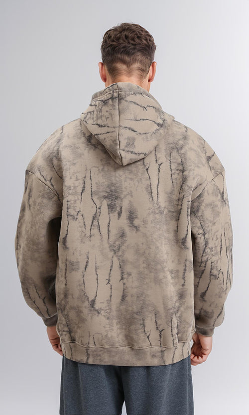 R214931 - Hooded Neck Casual Patterned Hoodie - Beige & Black