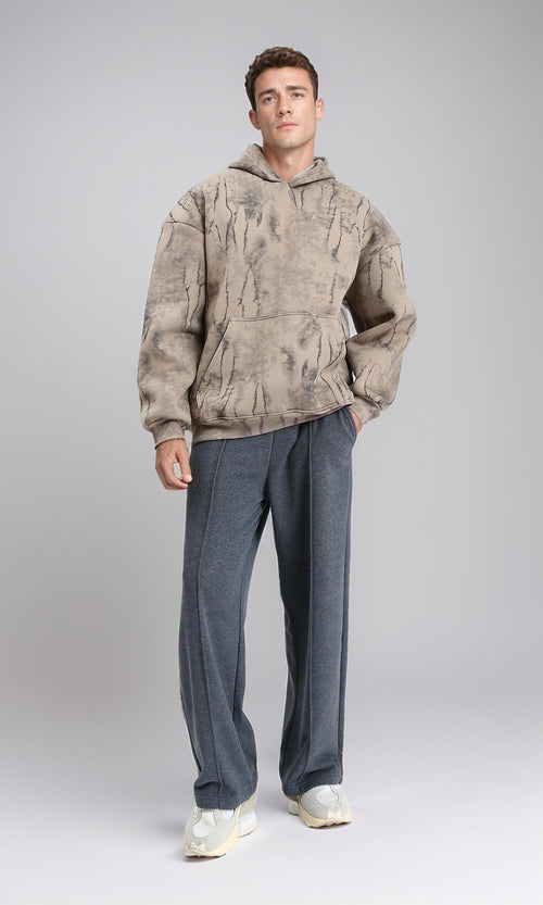 R214931 - Hooded Neck Casual Patterned Hoodie - Beige & Black