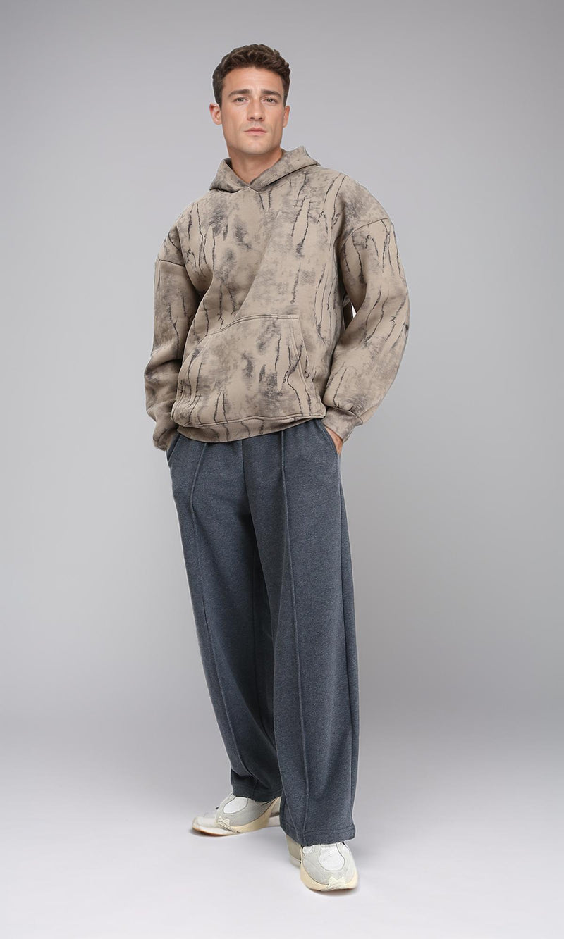 R214931 - Hooded Neck Casual Patterned Hoodie - Beige & Black