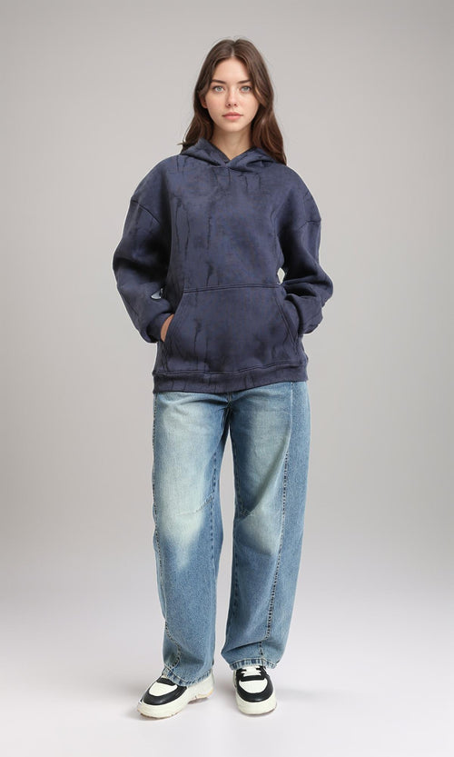 R214932 - Hooded Neck Casual Patterned Hoodie - Dark Grey & Black