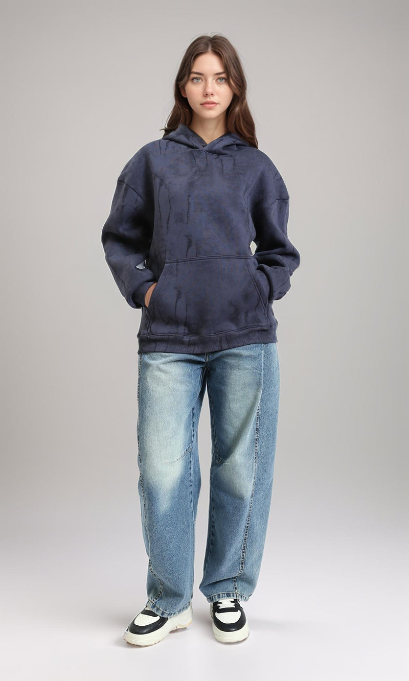 R214932 - Hooded Neck Casual Patterned Hoodie - Dark Grey & Black